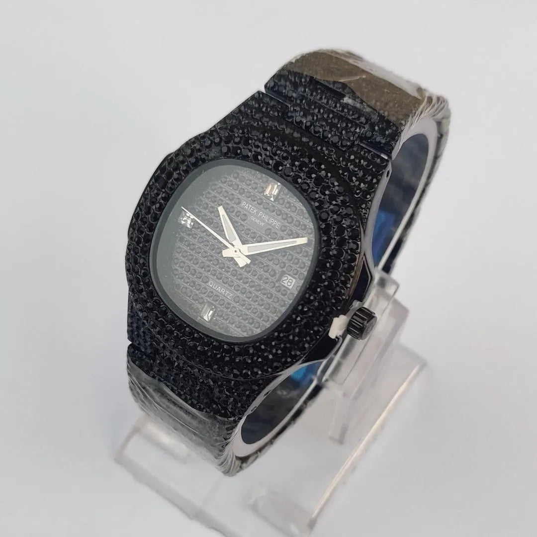 Men's Black Diamond-Studded Analogue Watch