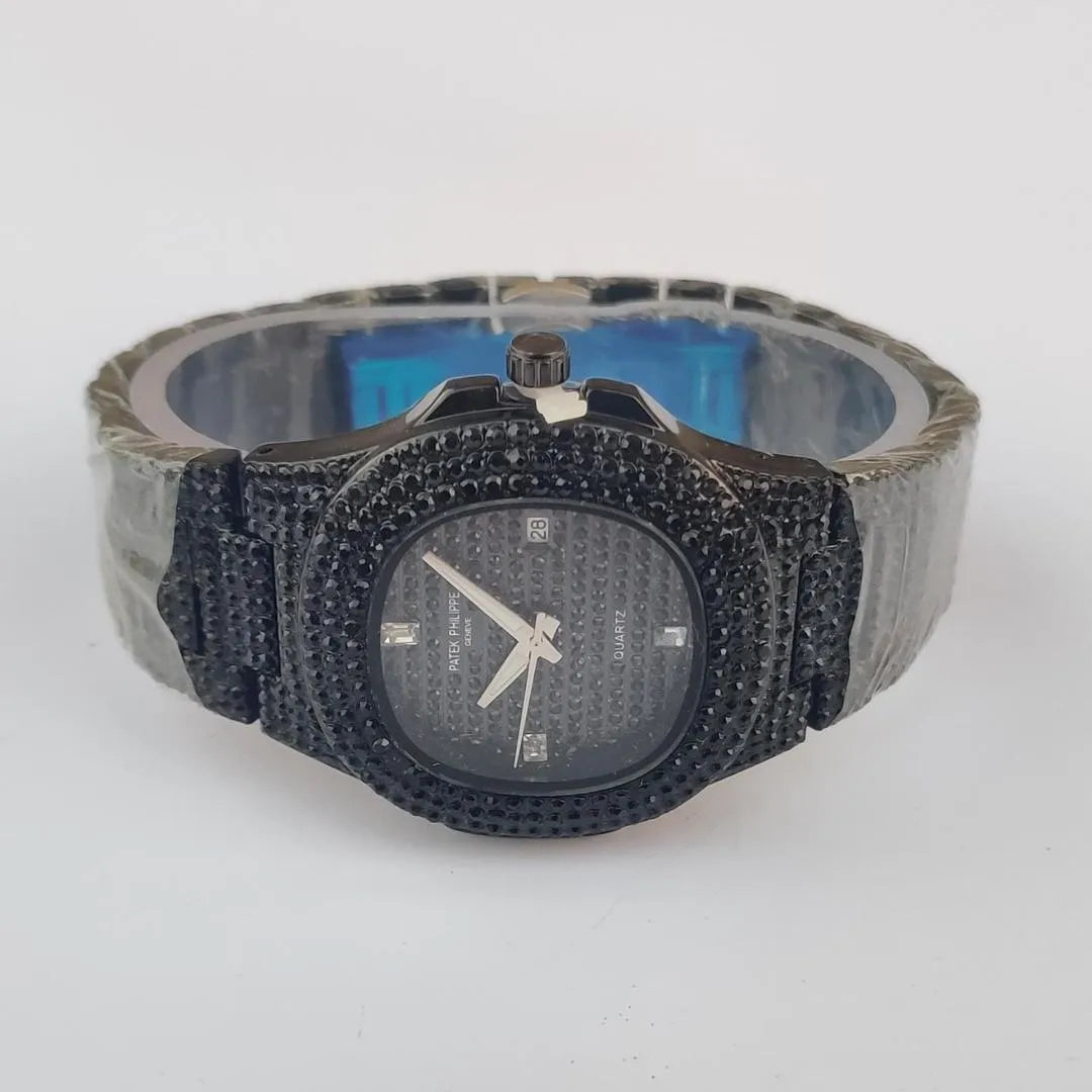 Men's Black Diamond-Studded Analogue Watch