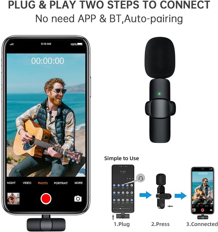 Mini Wireless Microphone for Phone – Plug & Play Recording Mic (Black)